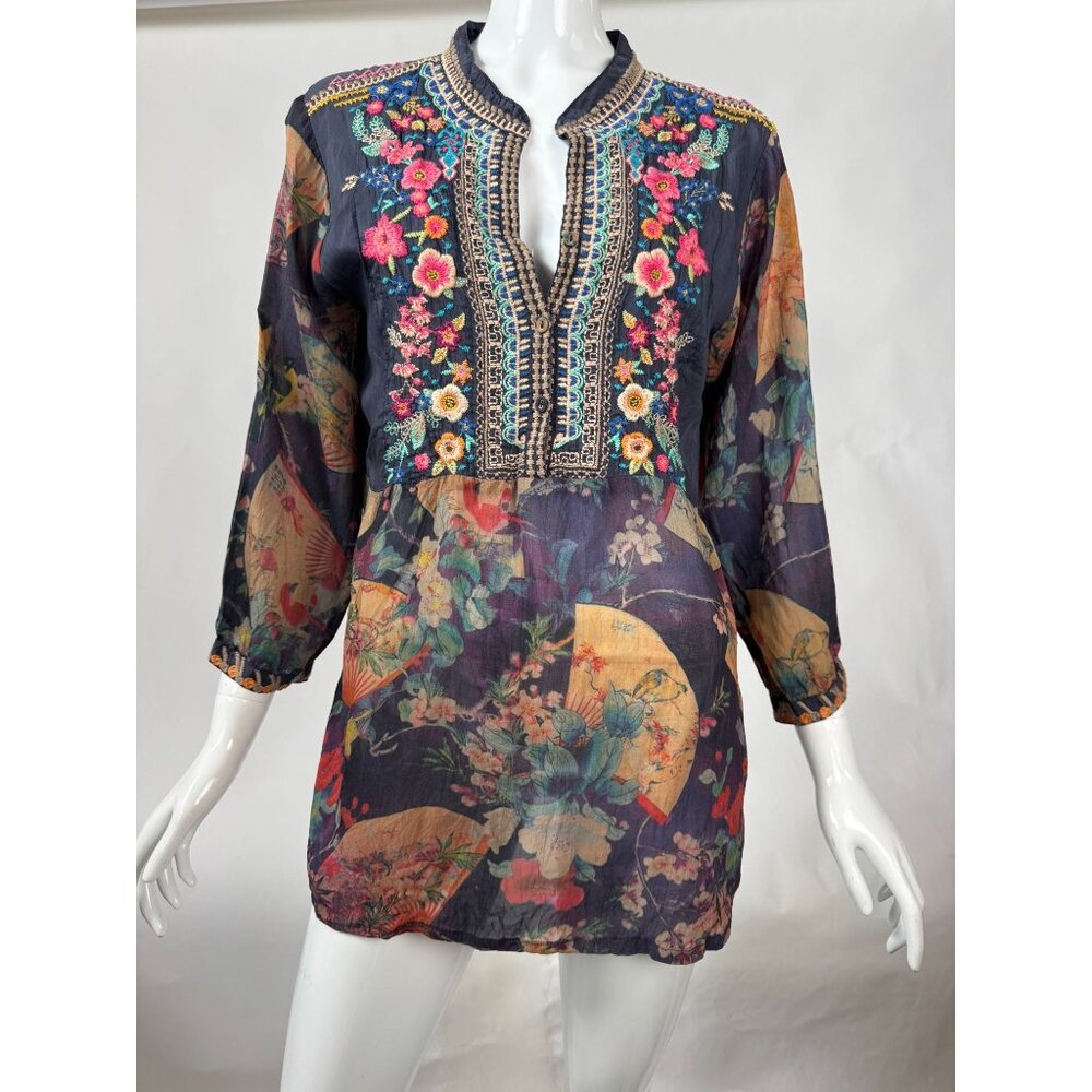 Johnny Was Embroidered Floral Tunic Top With 3/4 Sleeves & Mandarin Collar In Sh